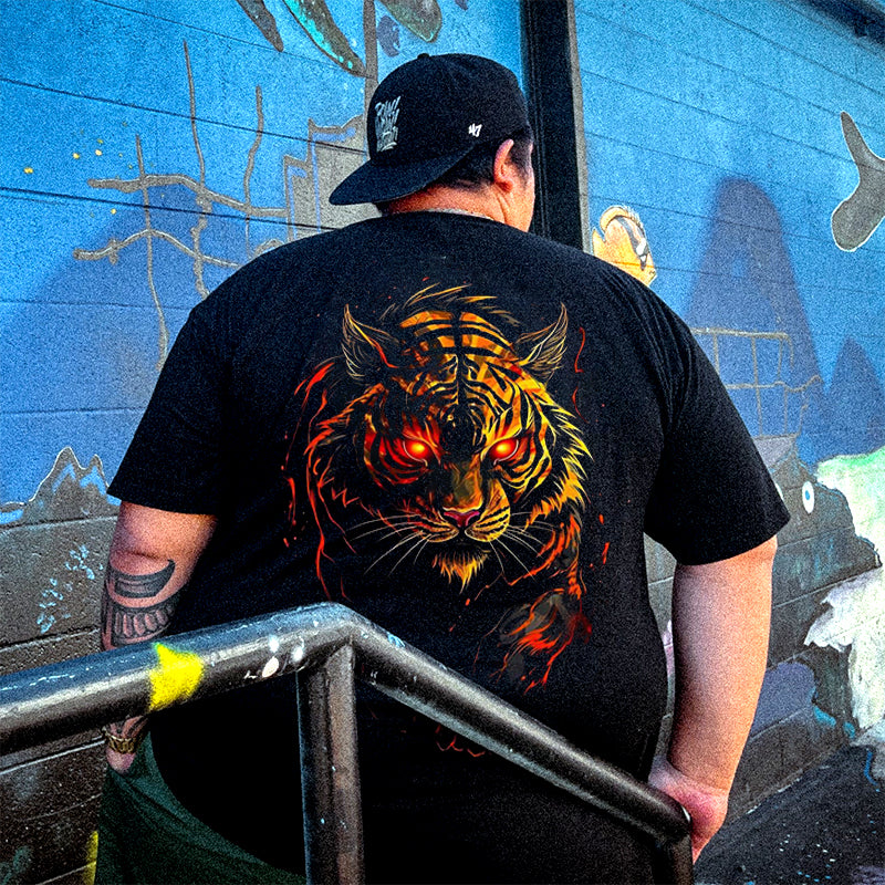 Men's Flaming Tiger Print Plus Size T-Shirt ,,Gifts for Men