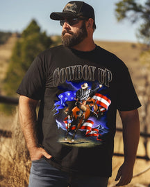 Men's Rodeo Bull Rider American Flag Printed Plus Size T-Shirt  ,Funny MEN Gifts