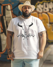 Men's Bull Skull With Guns Print Plus Size T-shirt ,Bull Skull shirt,Gifts For Men