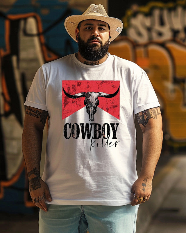 Men's Western Vintage Punchy Cowboy Killers Bull Horn Printed Plus Size T-shirt