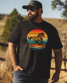 Men's Vintage Horse Sunset Print Plus Size T-Shirt