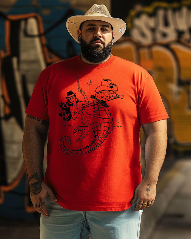 Men's  Beautiful Mermaid and Mr. Seahorse Print Plus Size T-shirt, Cowboy shirts, Gifts For Men