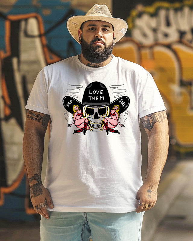 Men's Cowboy Skull and Beauty Print Plus Size T-shirt ,Gifts For Men
