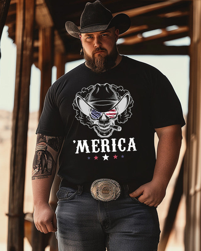 Men's Smoking Skull Cowboy  Merica Print Plus Size T-Shirt