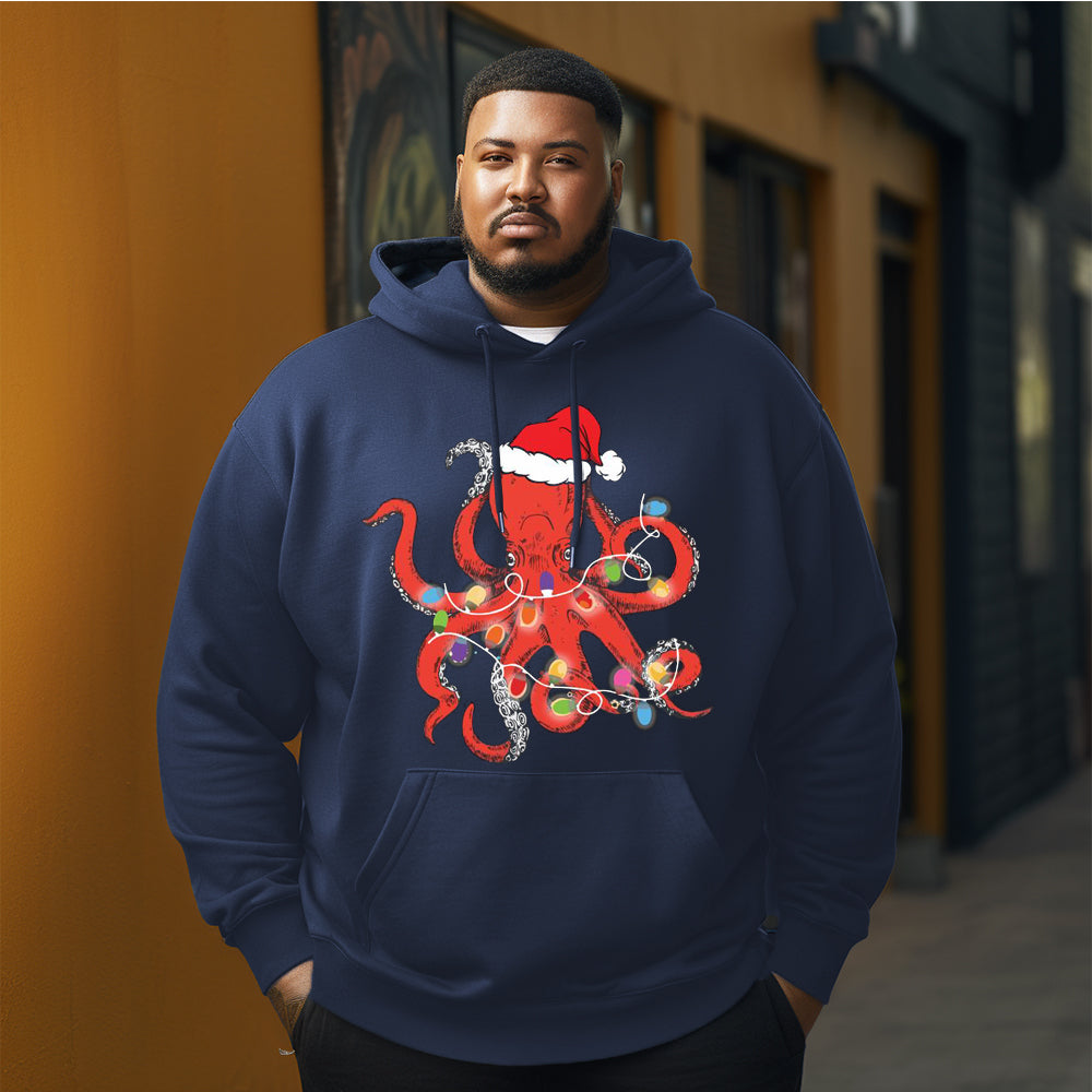 Santa octopus with lights Christmas Men's Plus Size Hoodie