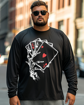 Men's Skull Hand & Poker Card Print Plus Size Long Sleeve T-Shirt