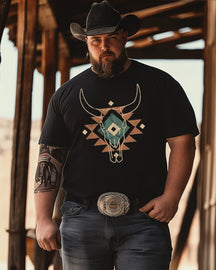 Men's Western Serape Aztec Bull Skull Rodeo Cowboy Print Plus Size T-Shirt