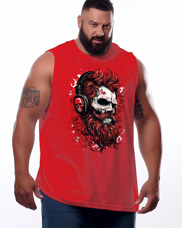 Red and black Skeleton sugar skull with headphones Men's Sleeveless Tee