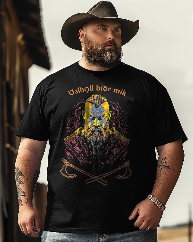 Valhalla Awaits Me Print Men's Plus Size T-shirt