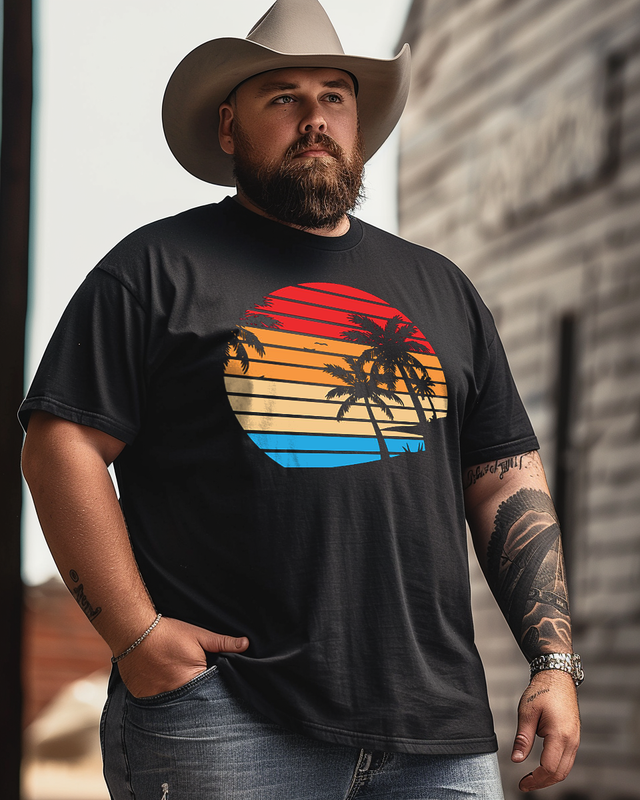 Retro Vintage Sunset Beach Palm Men's Plus Size T-shirt