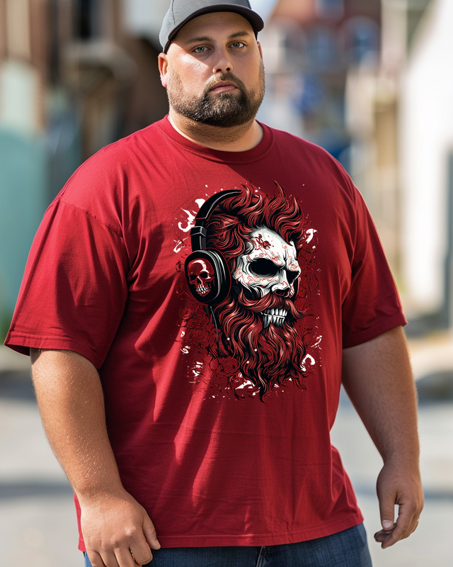 Red and black Skeleton sugar skull with headphones Men's  Men's Plus Size T-shirt