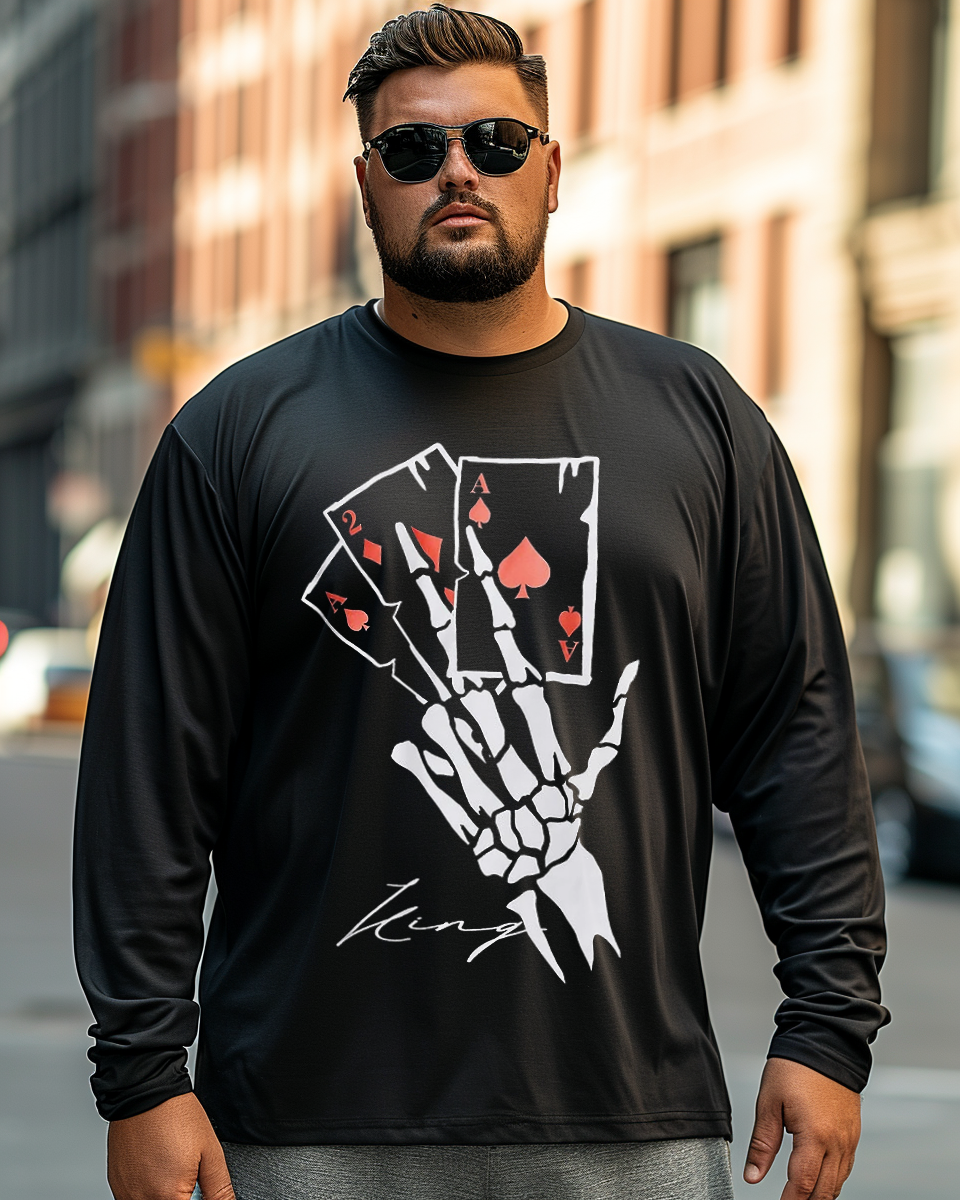 Men's Skeleton Hand & Playing Card Print Plus Size Long Sleeve T-Shirt